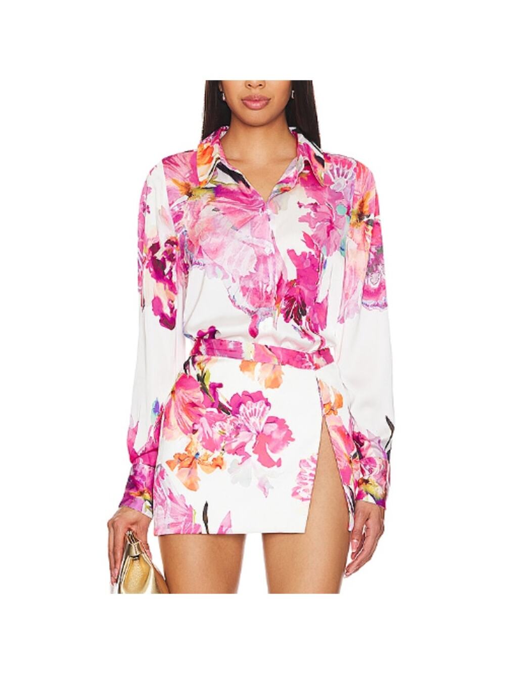 Rococo Sand Women's White Pink Floral Button Front Shirt Size S